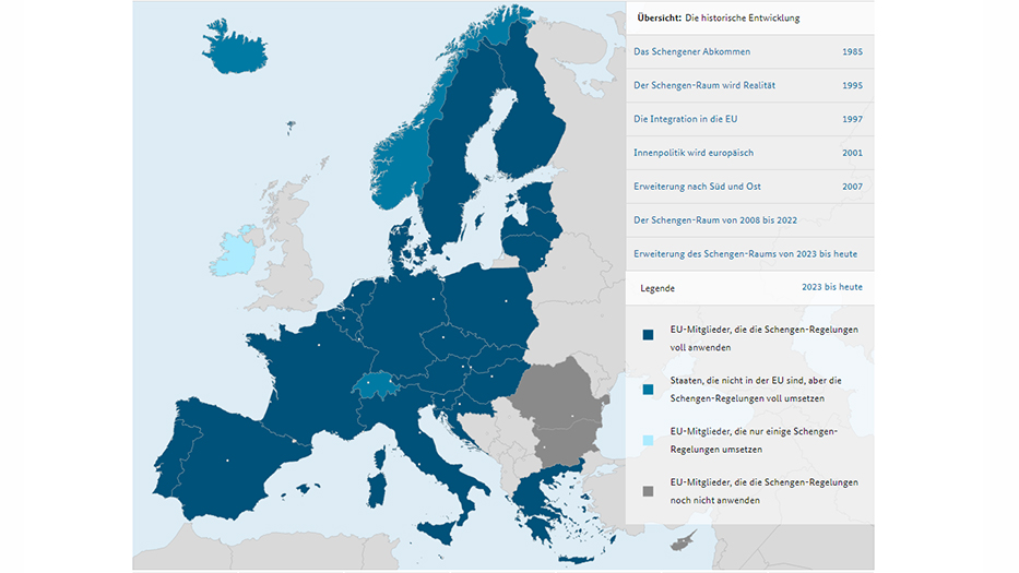 Karte Schengen-Raum für Freies Reisen in Europa