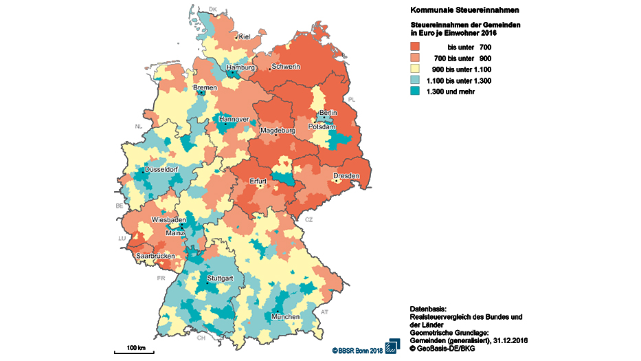 Kommunale Steuereinnahmen der Gemeinden in Euro je Einwohner 2016