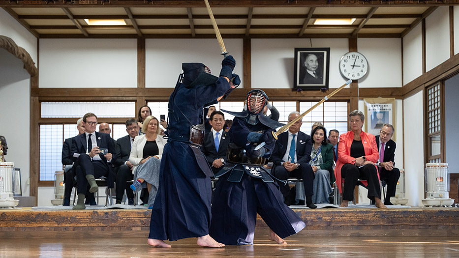 G7 interior ministers in Mito Tobukan during a demonstration of Japanese martial arts.